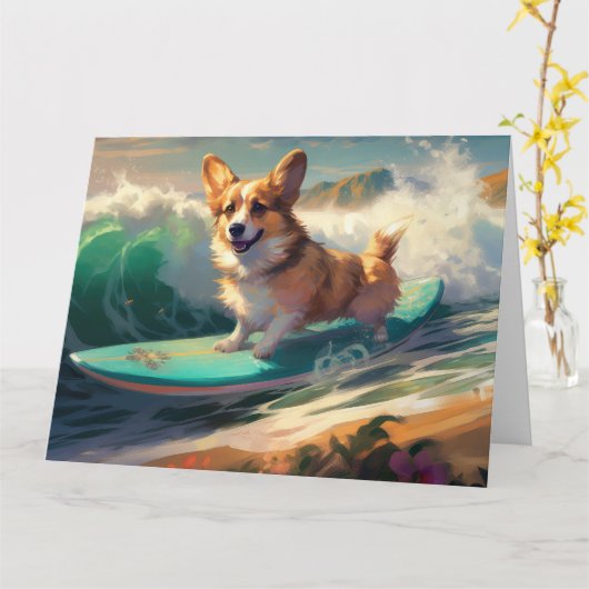 Carte Corgi Beach Surf Peinture (Fleur jaune)