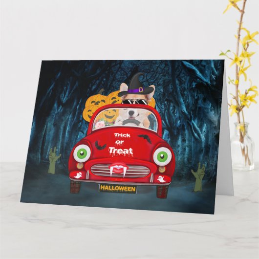 Carte Corgi Chien Conduite voiture effrayant Halloween (Fleur jaune)