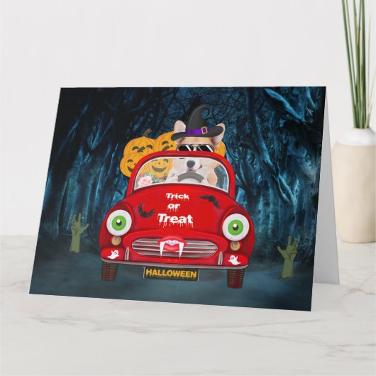Carte Corgi Chien Conduite voiture effrayant Halloween (Devant)