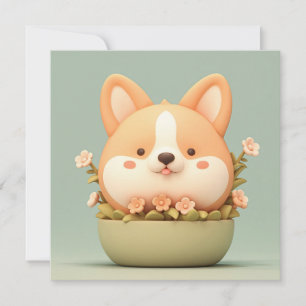 Carte Corgi chiot dans un mignon bol floral en argile 3D