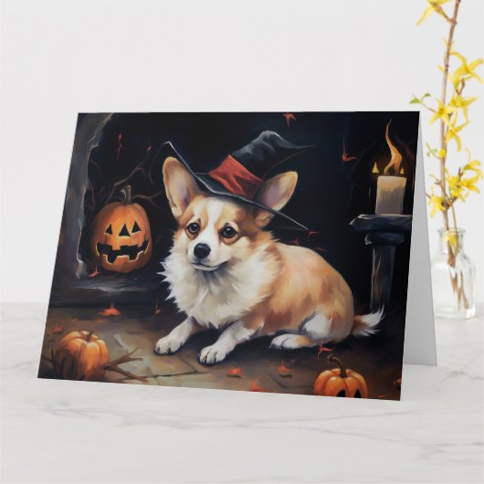 Carte Corgi Citrouilles Halloween Épouvantable (Fleur jaune)
