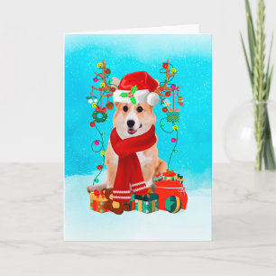 Carte Corgi dans la neige avec cadeaux de Noël