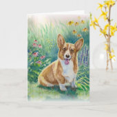 Carte Corgi dans le jardin (Fleur jaune)