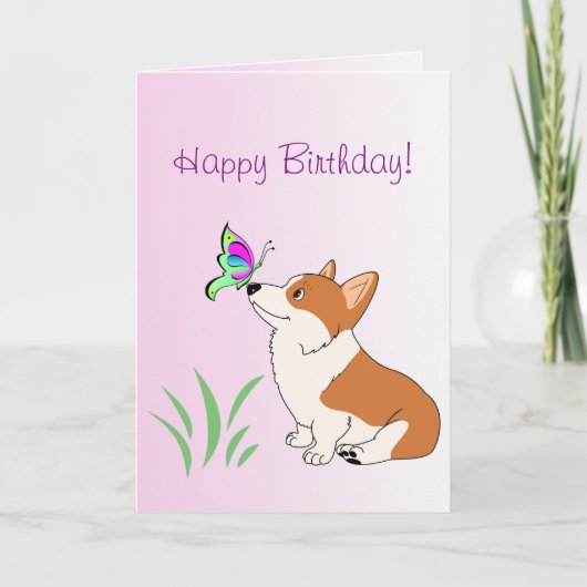Carte Corgi de joyeux anniversaire avec le papillon (Devant)