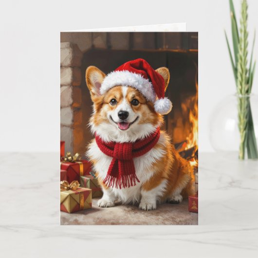 Carte Corgi de Noël au coin du feu (Devant)