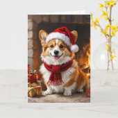 Carte Corgi de Noël au coin du feu (Fleur jaune)