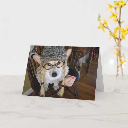 Carte Corgi- Petite fille avec note à Père Noël (Fleur jaune)