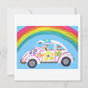 Carte Corgis dans une voiture hippie sur la plage avec u
