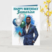 Carte Costume bleu marine suave Anniversaire Afro-Améric (Fleur jaune)