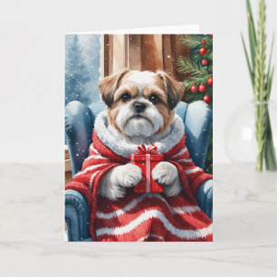 Carte Cosy Shih Tzu avec cadeau d'hiver aquarelle art