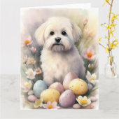 Carte Coton De Tulear avec oeufs de Pâques vacances (Fleur jaune)