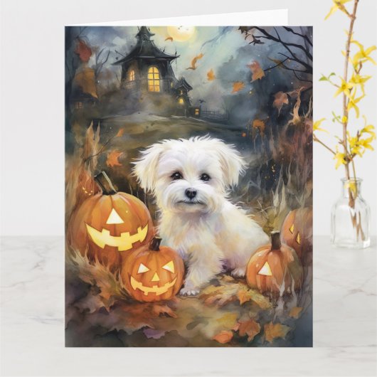 Carte Coton De Tulear Halloween Avec Citrouilles Effraya (Fleur jaune)