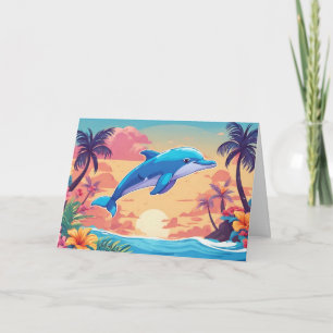 Carte Coucher de soleil sur une île tropicale et dauphin