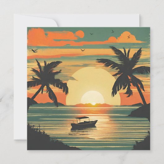 Carte Coucher de soleil tropical rétro avec bateau (Devant)