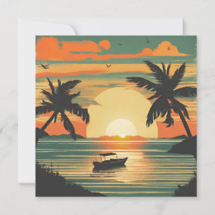 Carte Coucher de soleil tropical rétro avec bateau