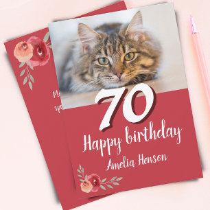Carte Couleur rouge Rose Chat Photo 70e anniversaire