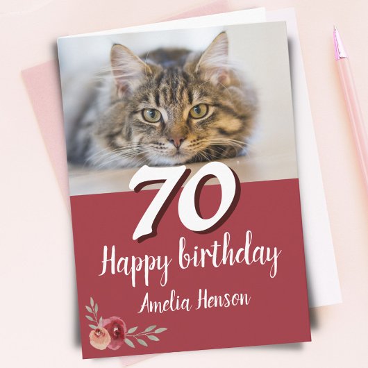 Carte Couleur rouge Rose Chat Photo 70e anniversaire