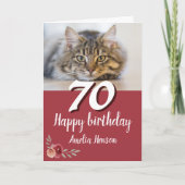 Carte Couleur rouge Rose Chat Photo 70e anniversaire (Devant)