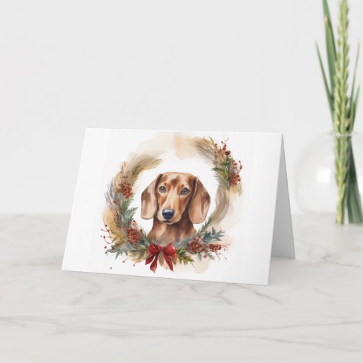 Carte Coupe de fête de la couronne de Noël de Dachshund (Devant)