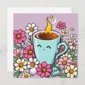 Carte Coupe Whimsical de Café Chaud et Fleurs (Devant / Derrière)
