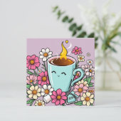 Carte Coupe Whimsical de Café Chaud et Fleurs (Debout devant)