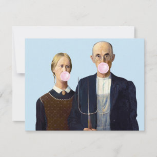 Carte couple American Gothic soufflant du bubble gum