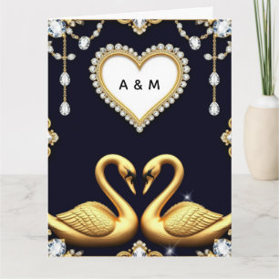 Carte Couple de cygnes de mariage avec anneaux d'or