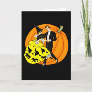 Carte Couple de danseurs d'Halloween Vintage Citrouille