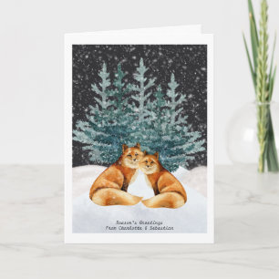 Carte Couple de renards de Noël avec arbre et neige aqua