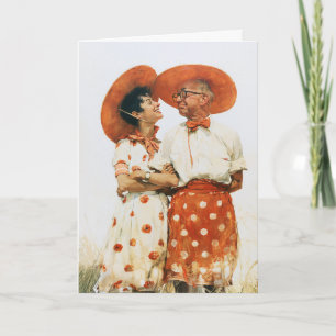 Carte Couple d'été vintage avec des chapeaux orange