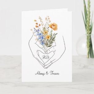 Carte Couple Heart Hands Floral Line Art