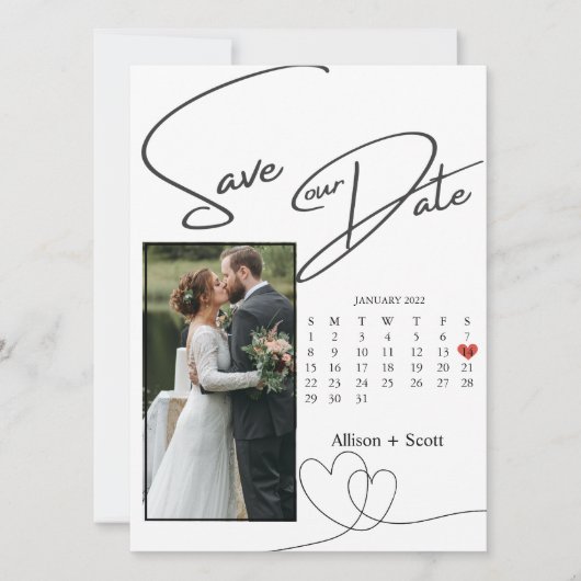 Carte Couple Photo Modern Script Calendrier Enregistrer  (Devant)