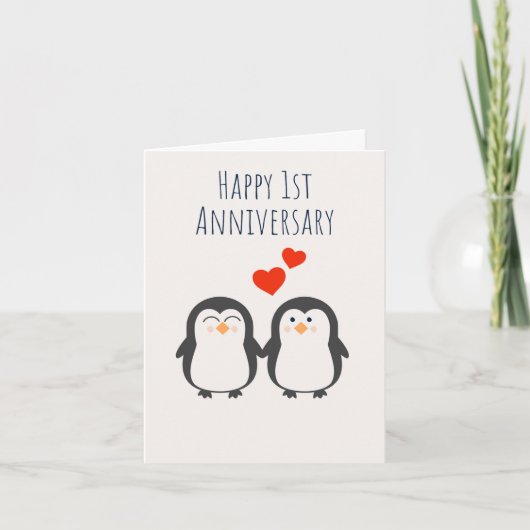 Carte Couple Pingouin Joyeux 1er Anniversaire (Devant)