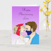 Carte Couple rétro baisant avec des facemmasques sur (Fleur jaune)