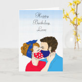 Carte Couple rétro baiser avec des facémasques à l'anniv (Fleur jaune)