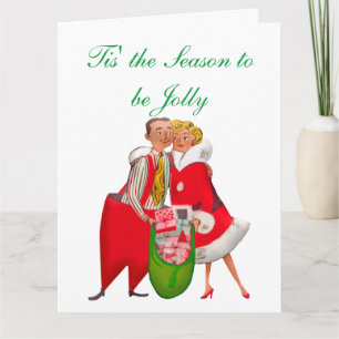 Carte Couple Vintage 1950 avec sac cadeau de Noël