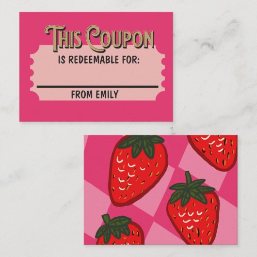 Carte Coupon À damiers fraise rose personnalisée (Devant / Derrière)