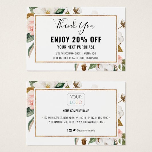 Carte Coupon blanc Blush Magnolia Floral (Devant & derrière)