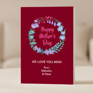 Carte Couronne de fleurs bleues roses pour la fête des m