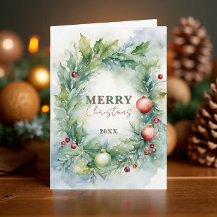 Carte Couronne de houx à l'aquarelle Joyeux Noël Fêtes