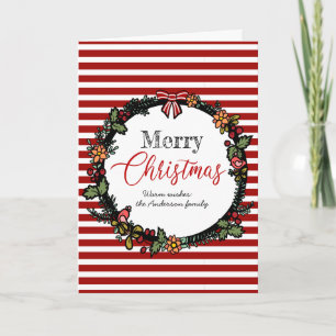 Carte Couronne de houx rayée rouge festive Joyeux Noël 