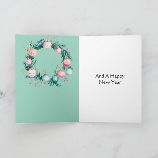 Carte Couronne de Noël avec ornements rose menthe (Intérieur)