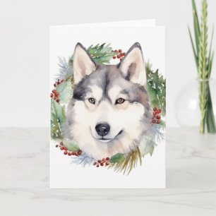 Carte Couronne de Noël festive avec Husky sibérien