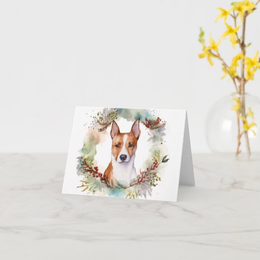 Carte Couronne de Noël festive de Basenji (Fleur jaune)