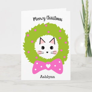 Carte Couronne de Noël Rose Verte Chat