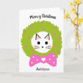 Carte Couronne de Noël Rose Verte Chat (Fleur jaune)