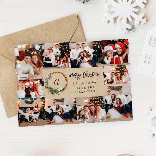 Carte Couronne de Noël Rustique 10 Multi Photo - Beige