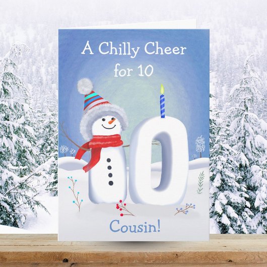 Carte Cousin 10th Birthday Snowman Snowy Ten Card