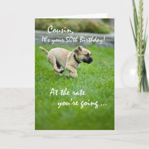 Carte Cousin, 50e Anniversaire Chien en Course