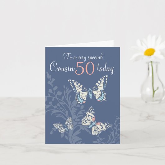 Carte Cousin 50e anniversaire papillons corail bleu (Petite plante)